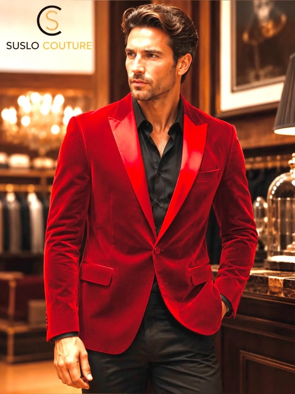 NWT Suslo Couture Red Velvet Satin Shawl Lapel Slim Fit Dinner Jacket | M/40